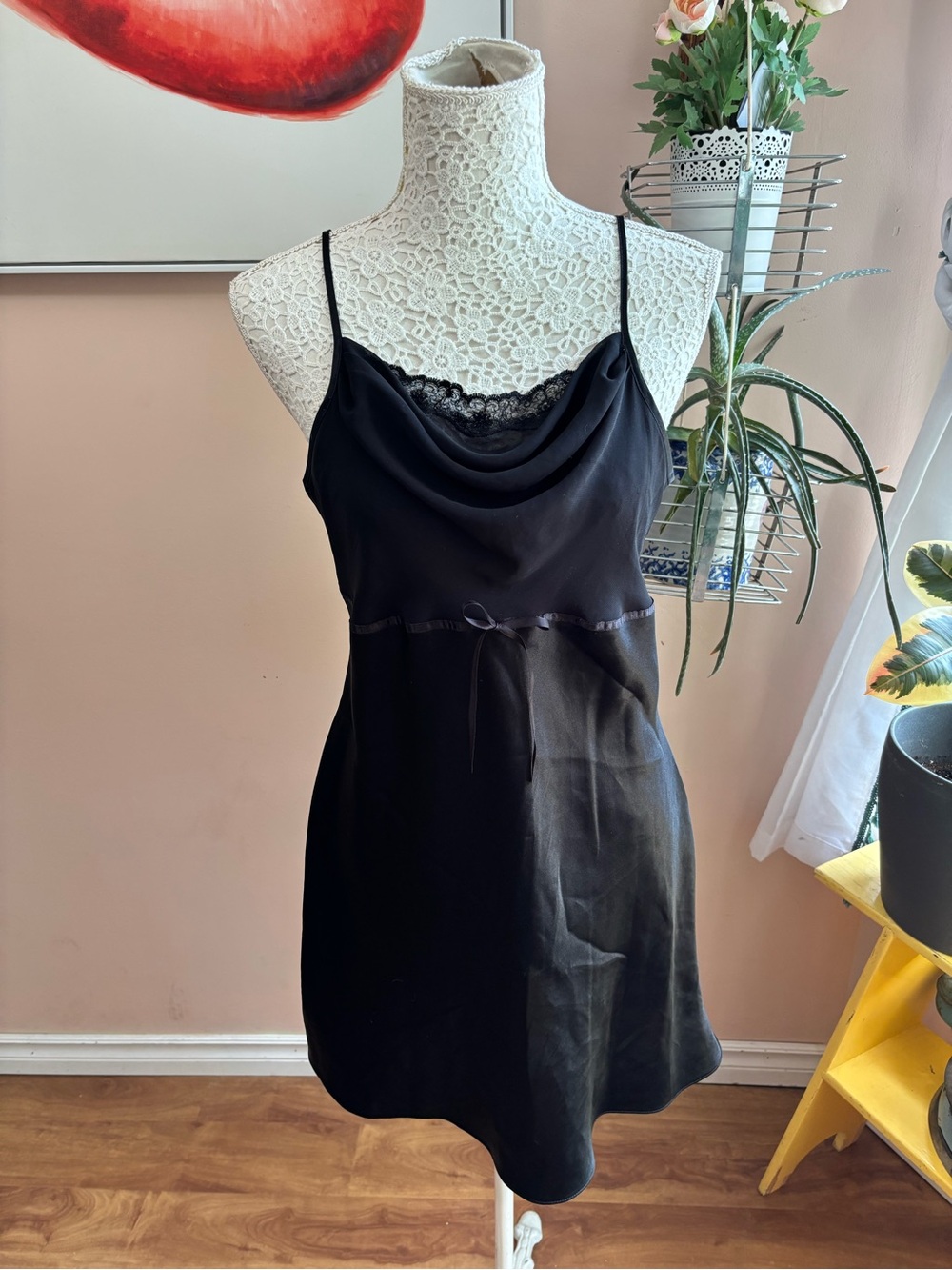 Vintage Black Satin Cowl Neck Babydoll Slip Dress/Nightie